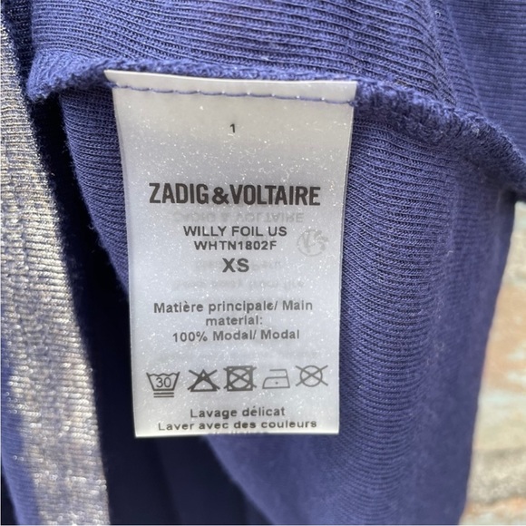 NWOT Zadig & Voltaire Willy Foil T-Shirt Navy Long Sleeve Silver Foil Tee, XS - Picture 9 of 14